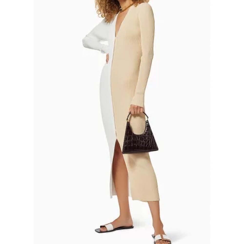 Staud Shoko Dress Beige Color Block Rib Sweater V Neck Button Front Midi Small